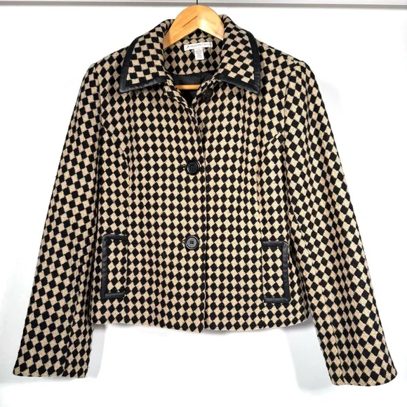 JM Collection Harlequin Wool Tweed Tan and Black Cropped Jacket - Punk Edgy - Picture 2 of 16